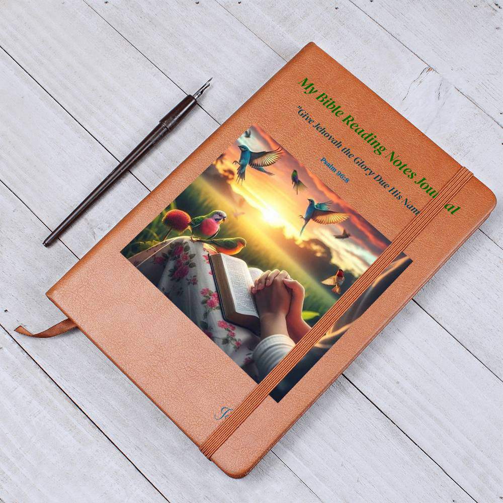 Vegan leather journal featuring Bible notes design with birds and hands clasped in prayer.