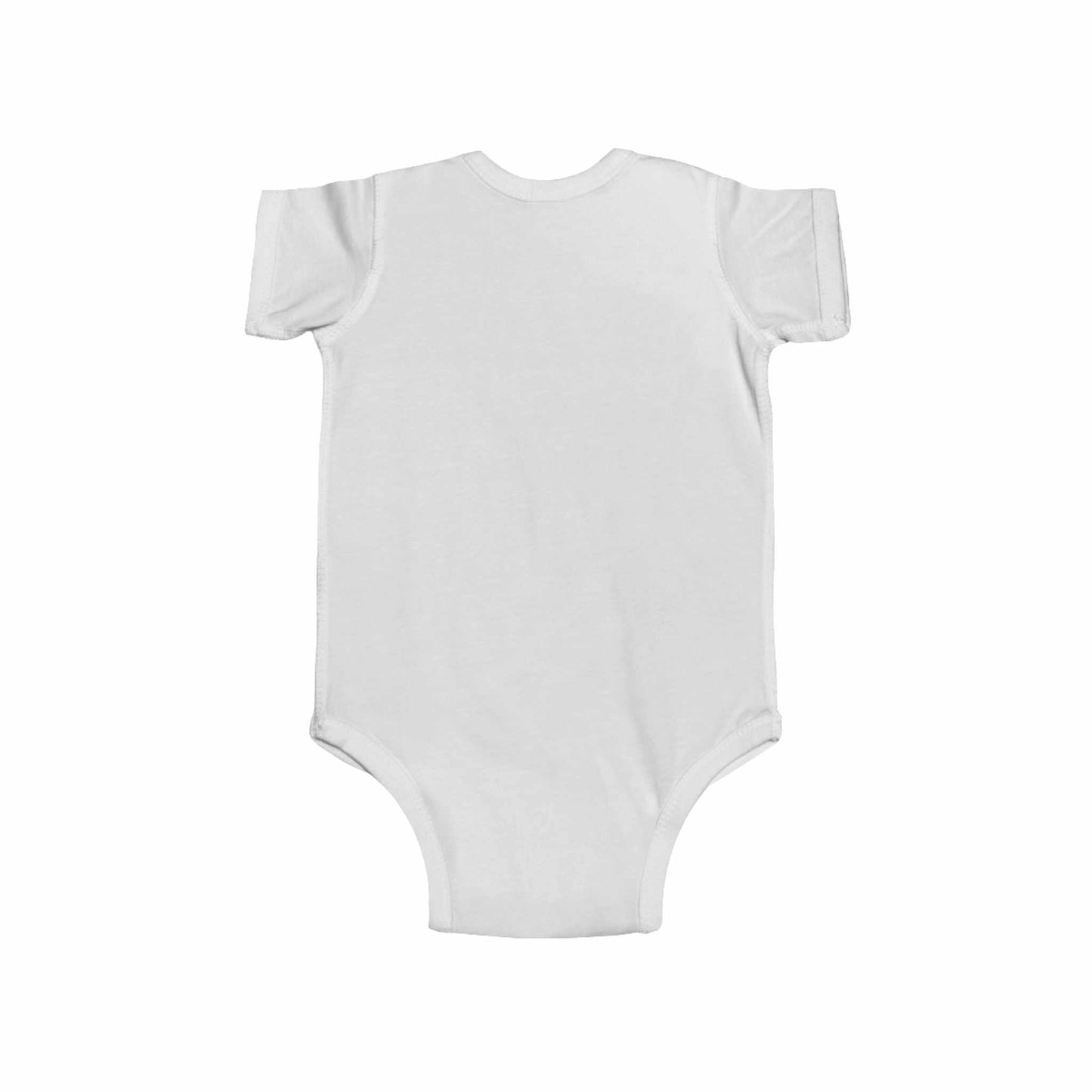 Baby T-Shirt onesie in white featuring tiger kissing baby design, soft 100% cotton fabric, durable with ribbed knitting, easy snap closure.