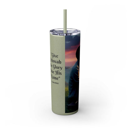 Tumbler with 2025 Year Text for Jehovah's Witnesses, 20oz, featuring a matte finish and text "Give Glory due Jehovah's Name", BPA-free, stainless steel.