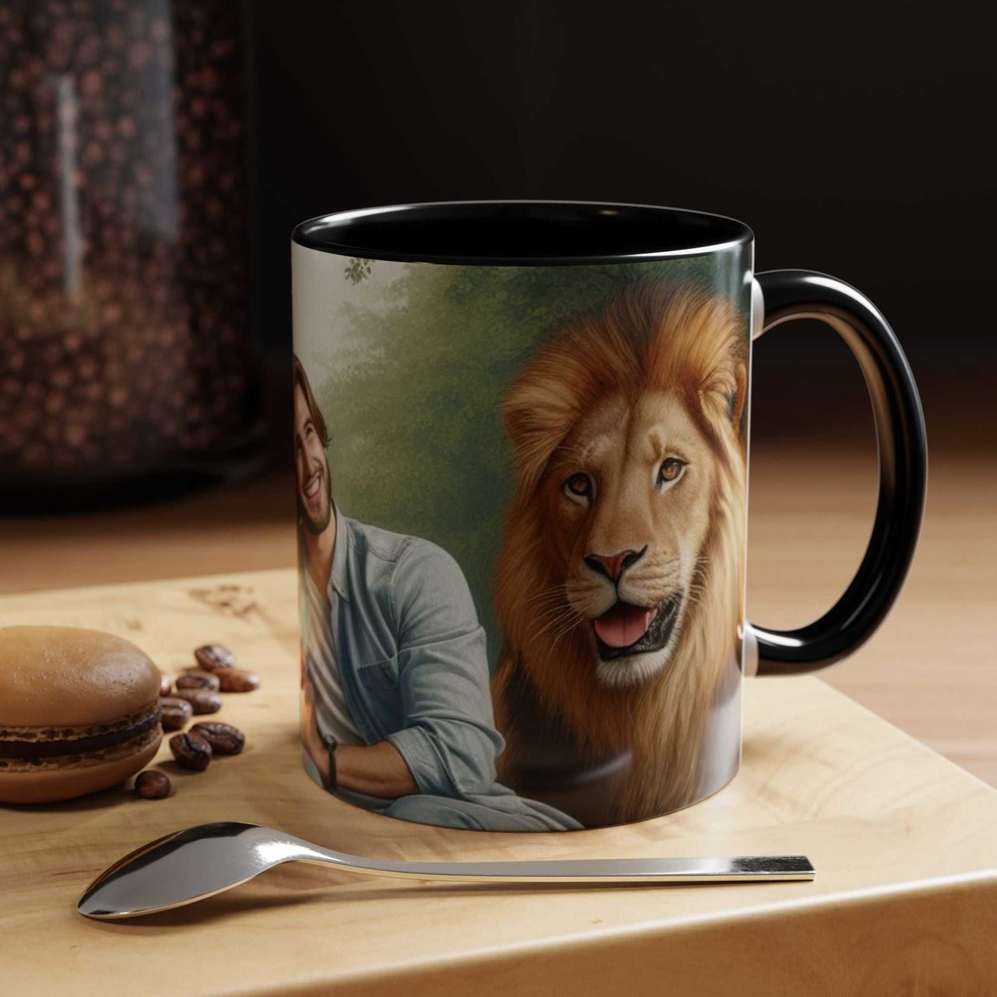 Ceramic coffee cup featuring a couple with tiger and lion design, vibrant colors, microwave and dishwasher safe.