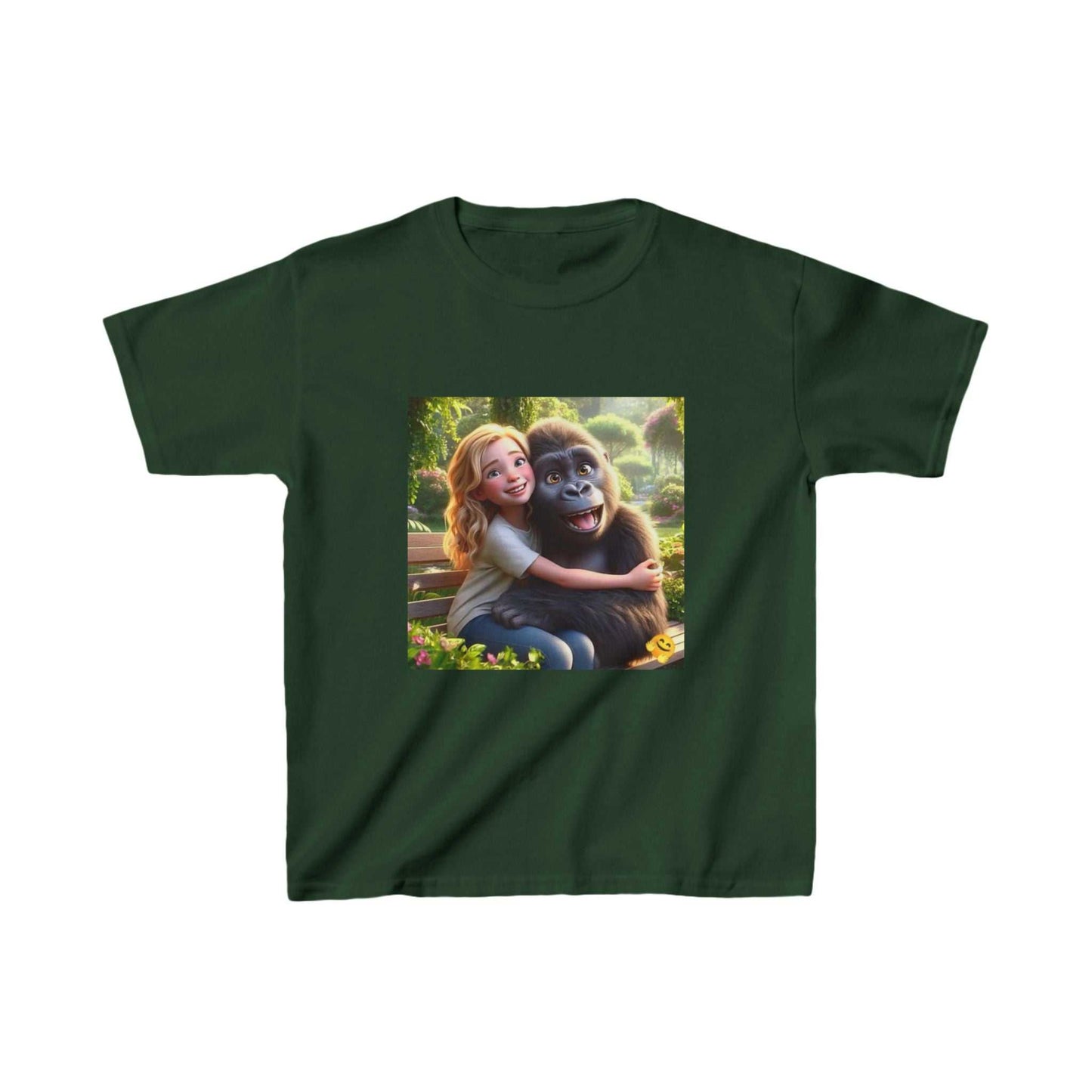 Child's green t-shirt with an illustration of a girl hugging a gorilla, conveying a playful and adventurous vibe.