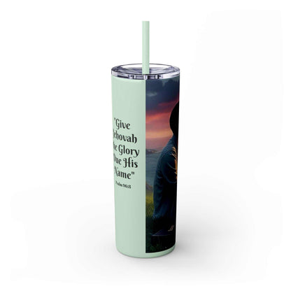 Skinny tumbler with "Give Glory due Jehovah's Name" 2025 text, mint color, 20oz, BPA-free.