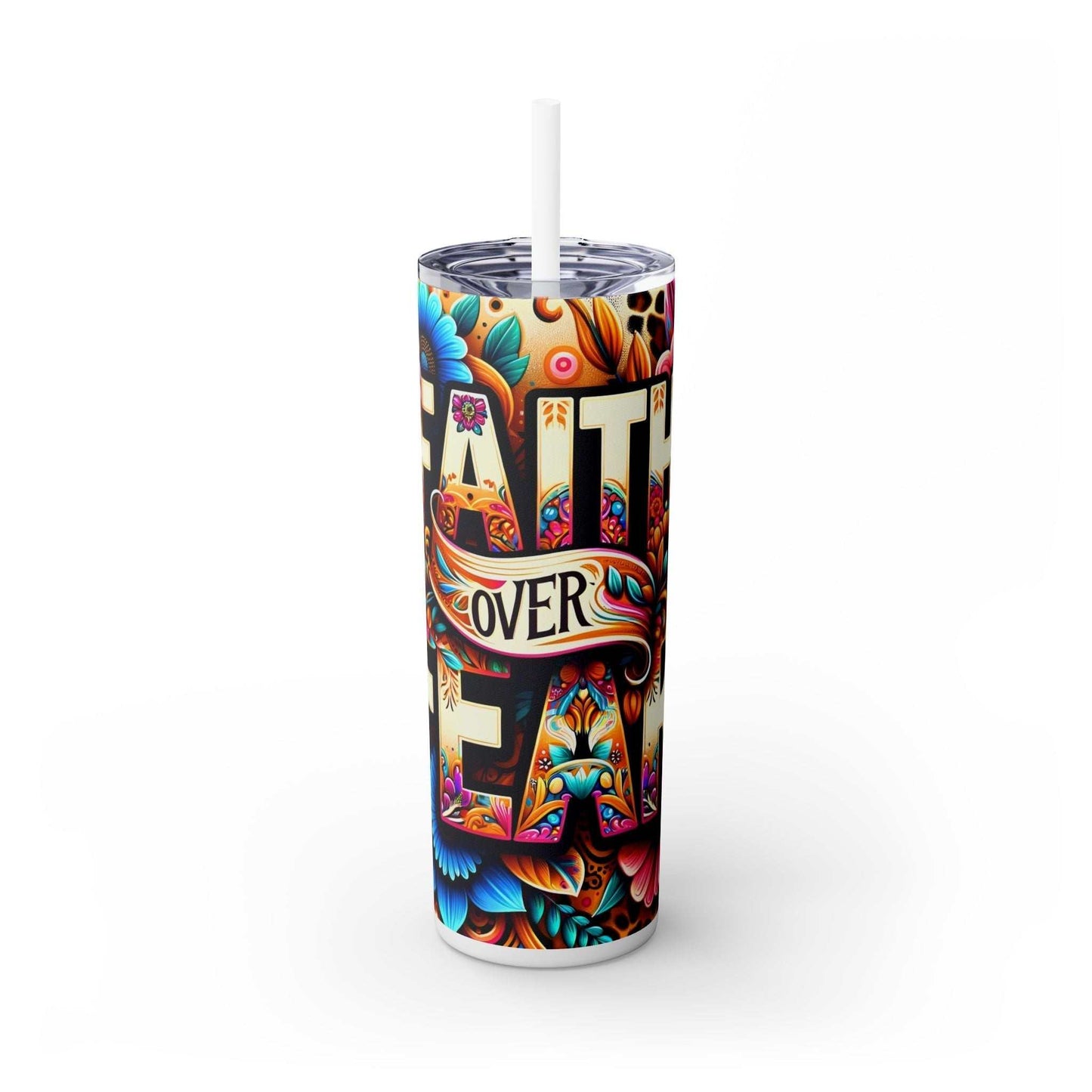 20oz Faith Over Fear tumbler with colorful design, BPA-free, stainless steel, double-wall insulation.