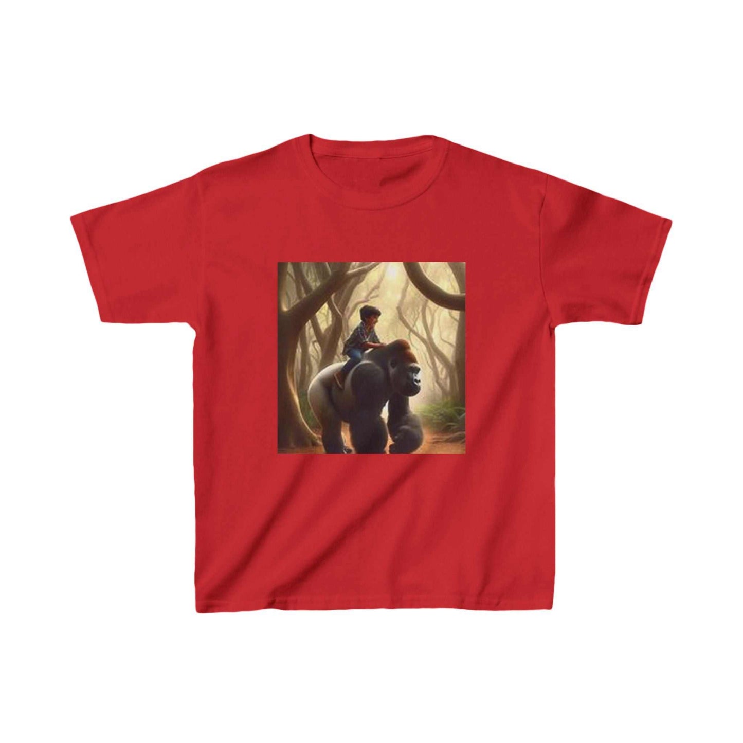 Red children's T-shirt featuring an illustration of a boy riding a gorilla.