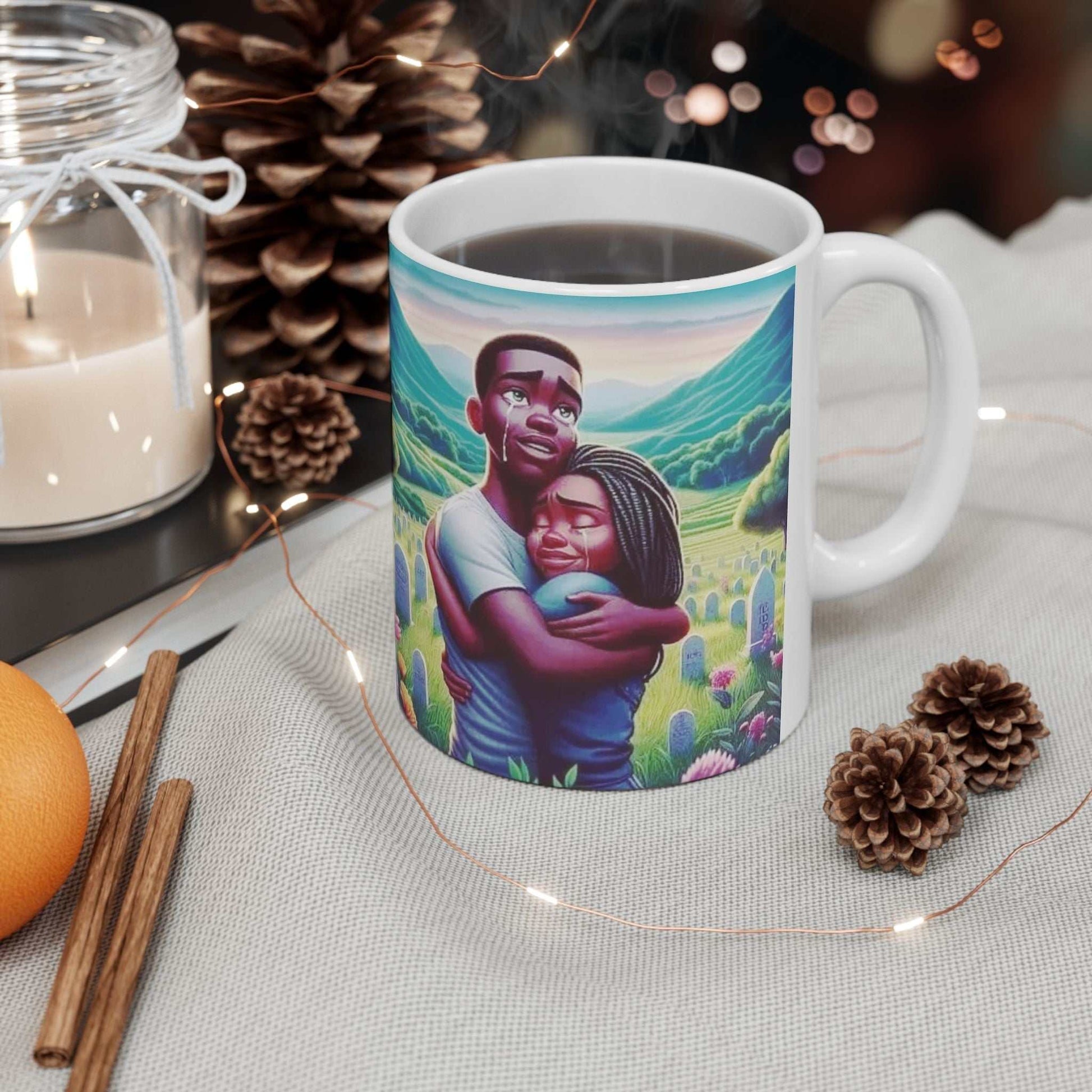 Coffee cup featuring a happy couple hugging in a vibrant paradise setting, available in ceramic with glossy finish.