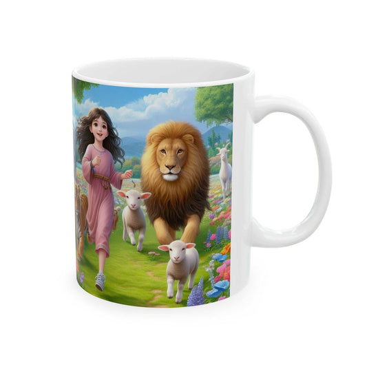 Ceramic coffee cup with children running with animals design, glossy finish.