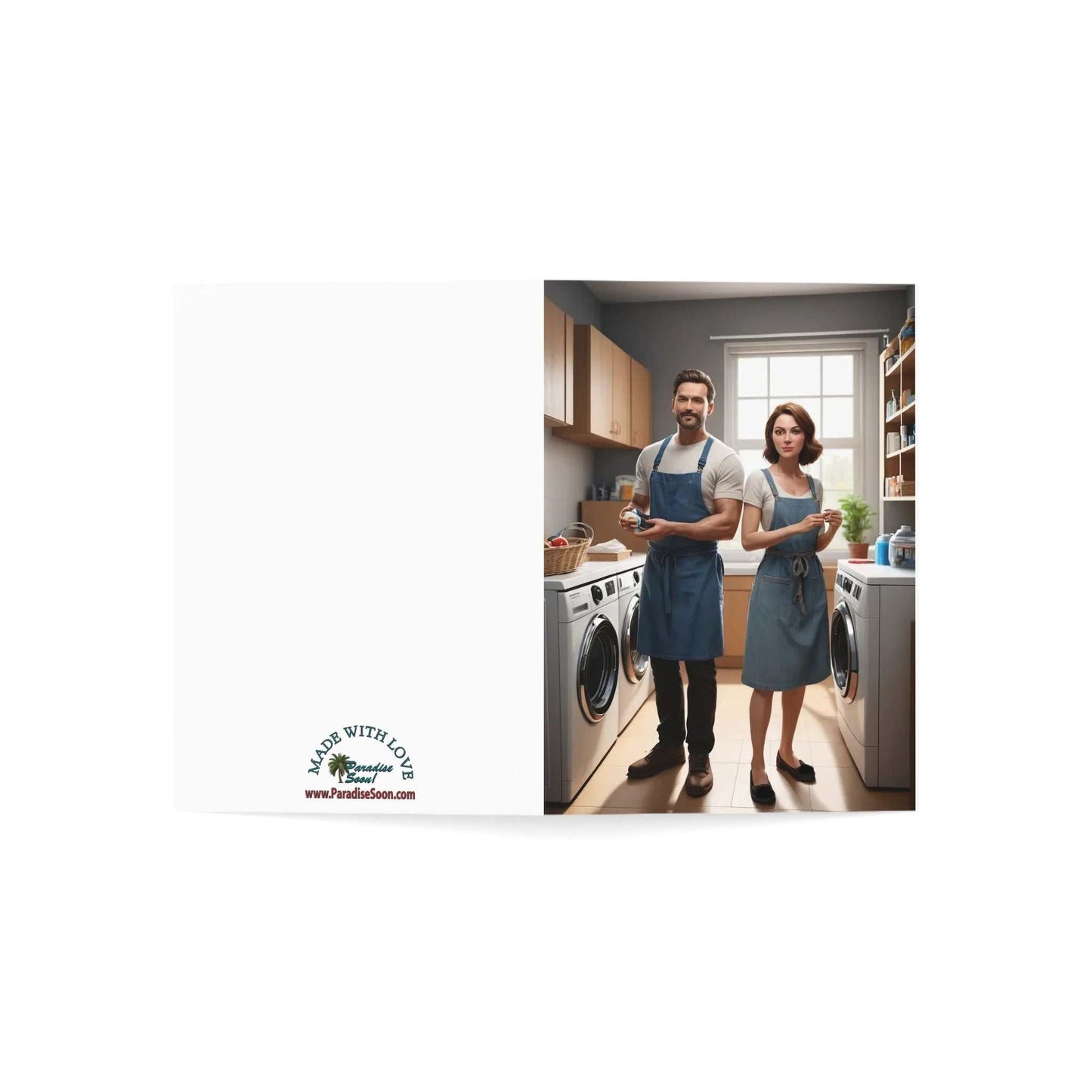 Greeting card showing a couple in aprons standing in a laundry room, part of the Appreciation for Mate series.