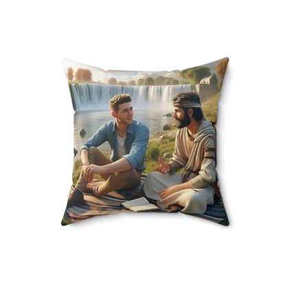 Square decorative pillow featuring a scenic illustration of teaching a resurrected biblical character in paradise.