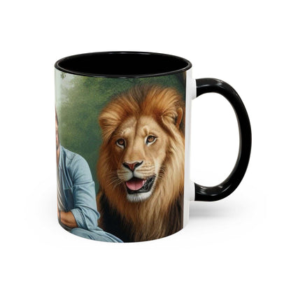 Ceramic coffee cup with tiger and lion design, glossy finish.