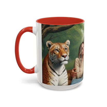 Ceramic coffee cup featuring a couple with a tiger and lion design, glossy finish, microwave and dishwasher safe.