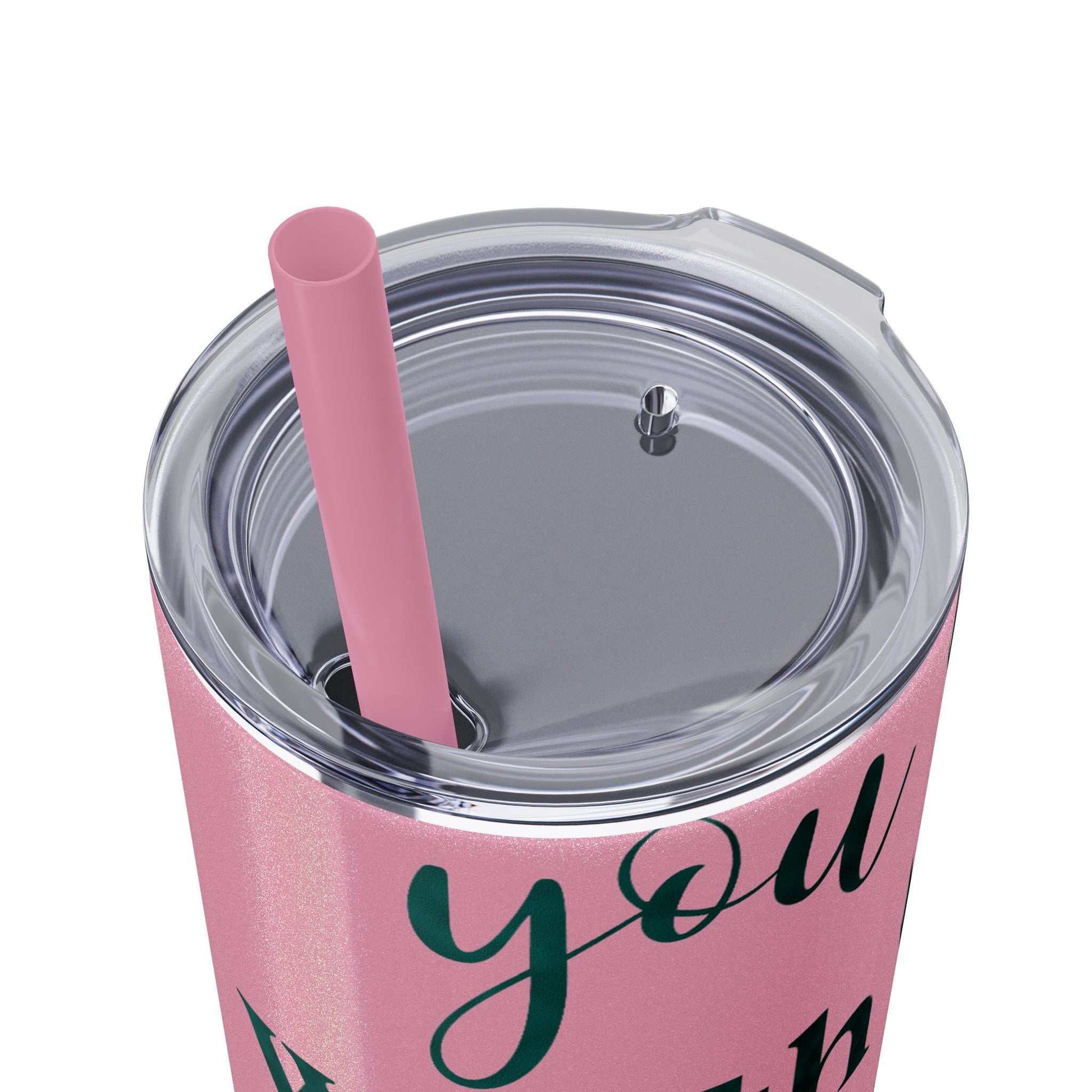 Stainless steel tumbler with "Worth More Than Sparrows" design, pink color, plastic lid and matching straw.