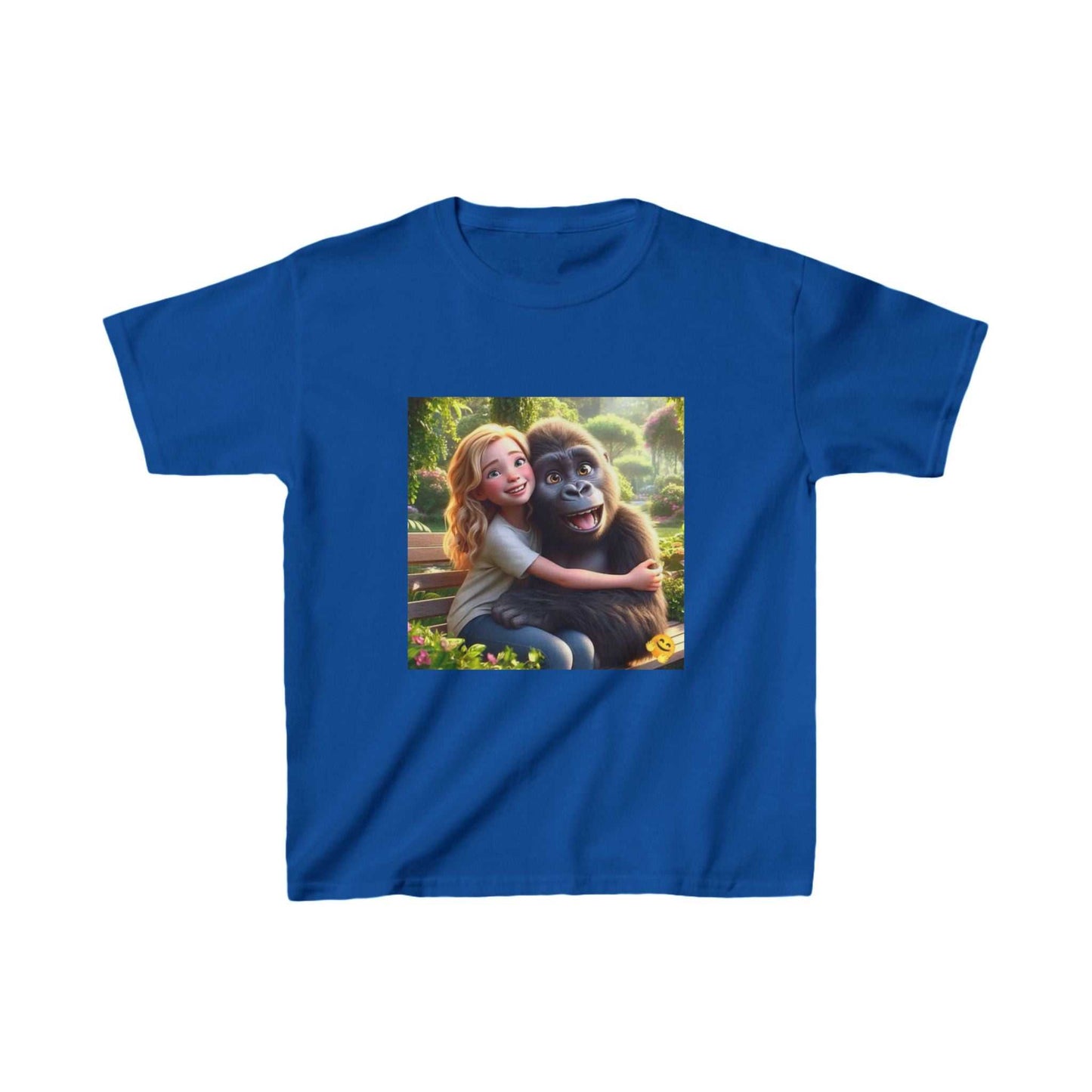 Child's t-shirt featuring a girl hugging a gorilla, blue cotton with playful design.