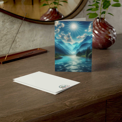 Greeting card with serene river and mountain scene, available in various sizes and finishes, complete with envelopes.