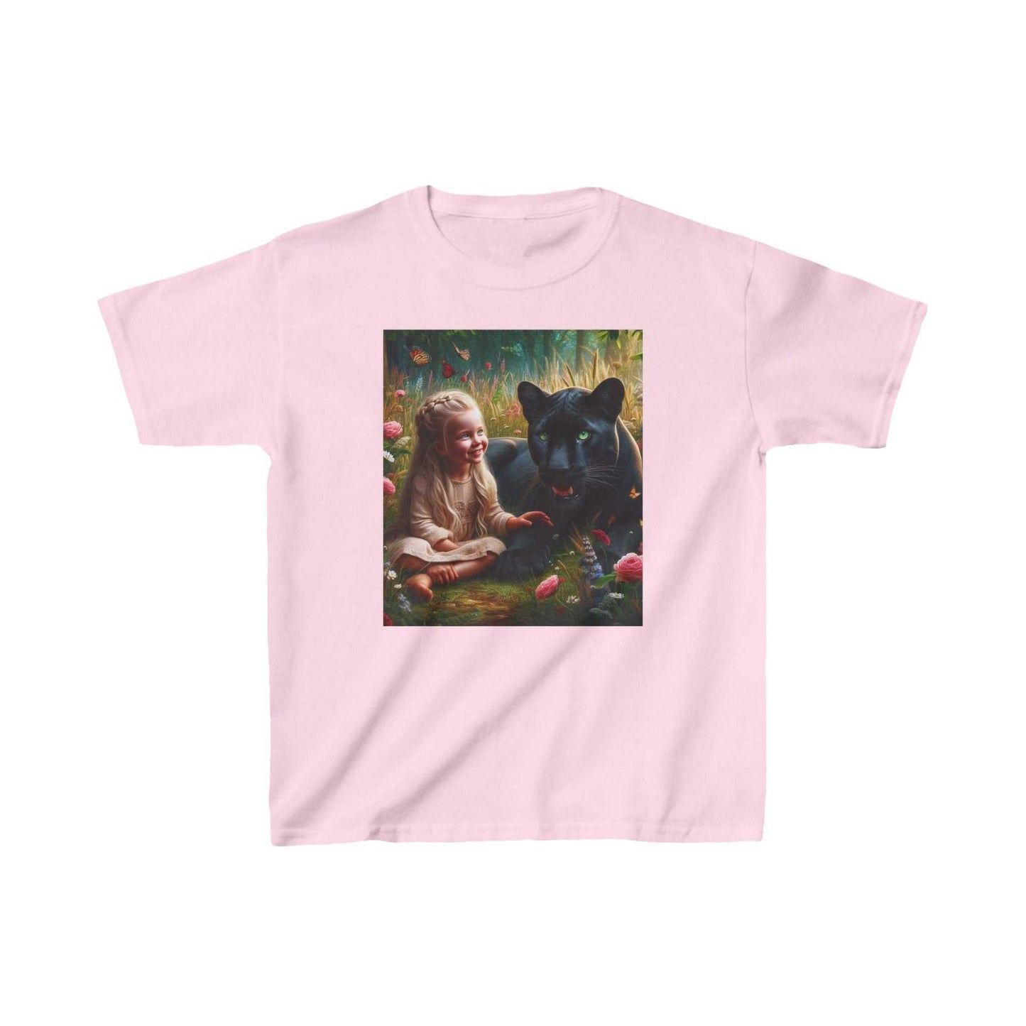 Girls Pink Heavy Cotton Tee with Cat and Landscape Print