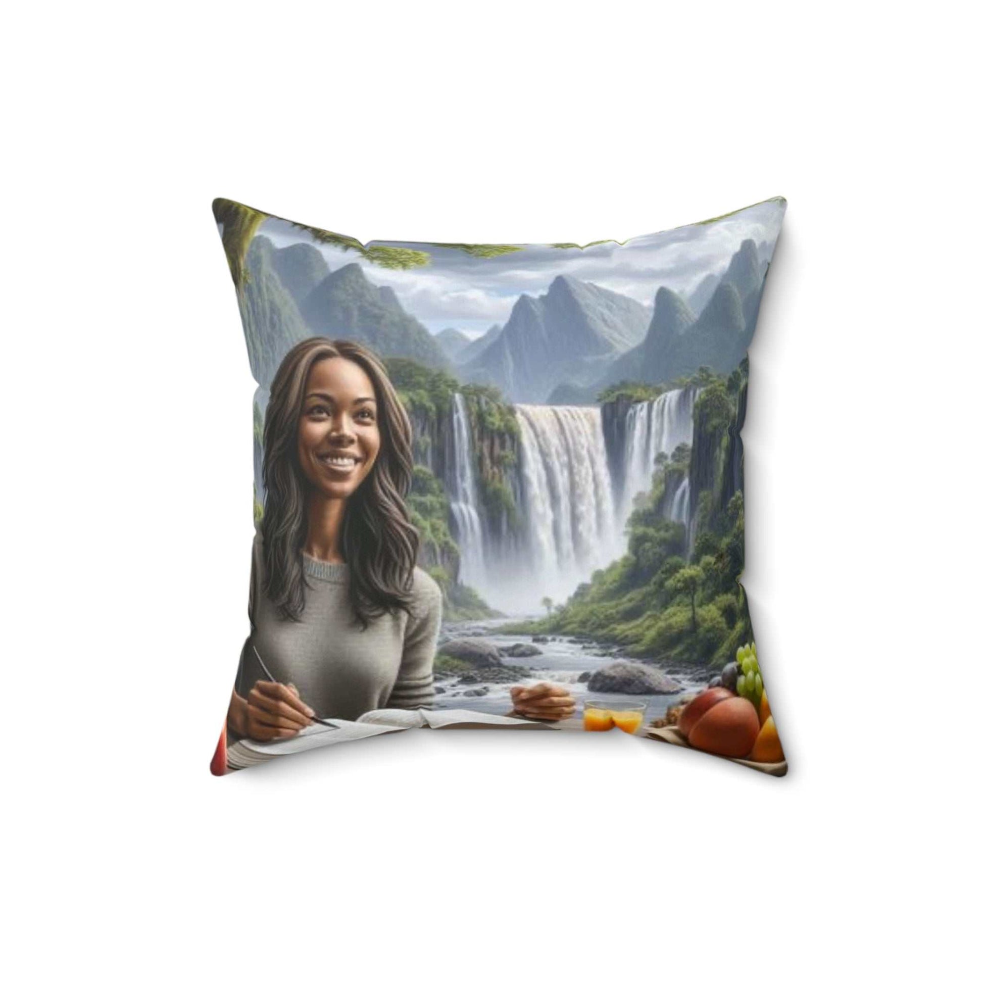 Square pillow featuring a girl with a lion and a girl by a waterfall, 16x16 inch, double-sided print.