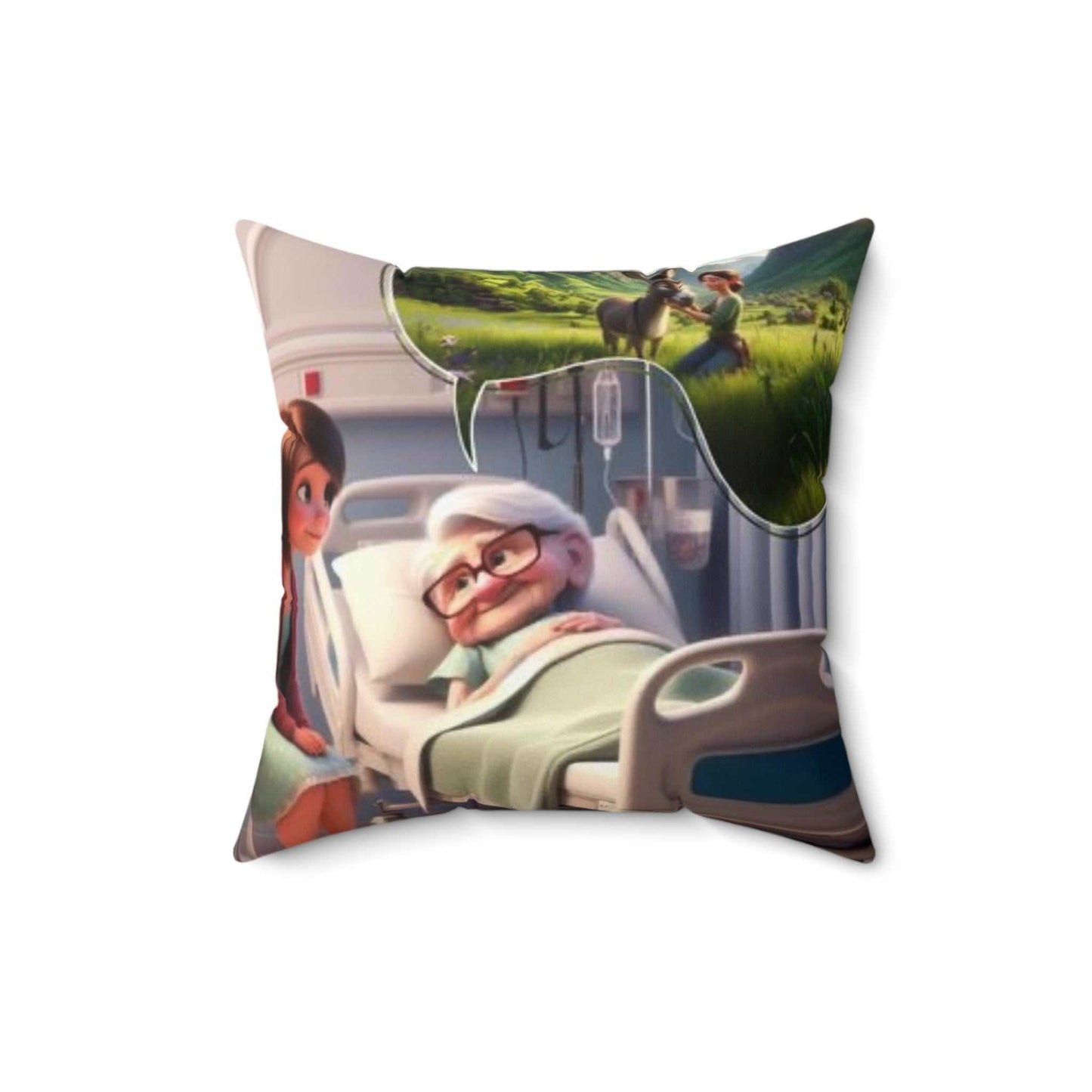 Cuddly pillow with end to sickness and pollution theme, double-sided print, 16"x16", polyester cover and concealed zipper.