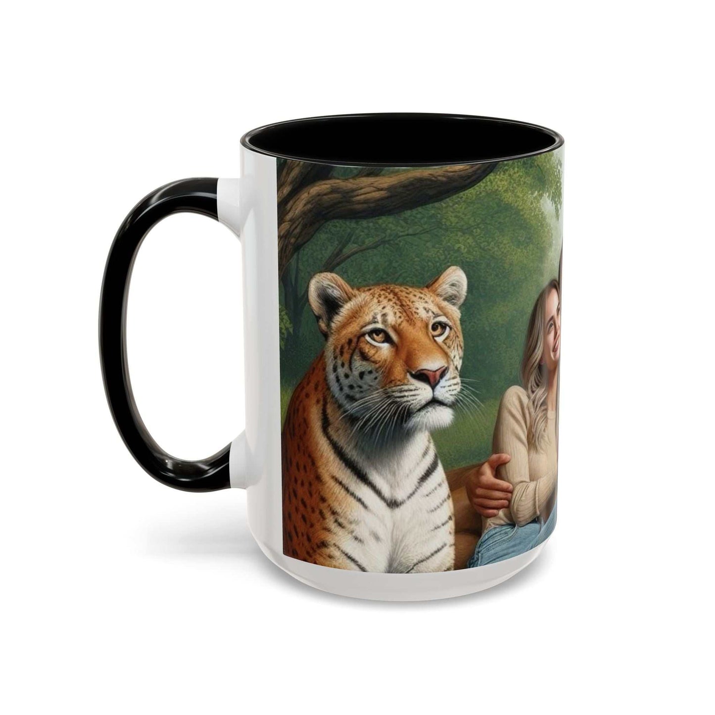 Ceramic coffee cup with tiger and lion couple design, glossy finish.