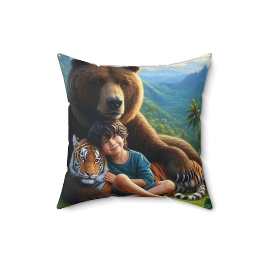 Decorative pillow with boy, bear, tiger, girl, gorilla design; soft polyester, double-sided print.