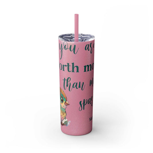 Stainless steel tumbler with "Worth More Than Sparrows" design, 20oz, pink finish, with lid and straw.