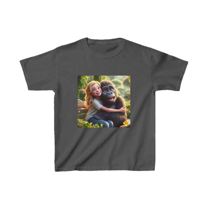 Child's t-shirt featuring a colorful design of a girl hugging a gorilla, ideal for adventurous kids.