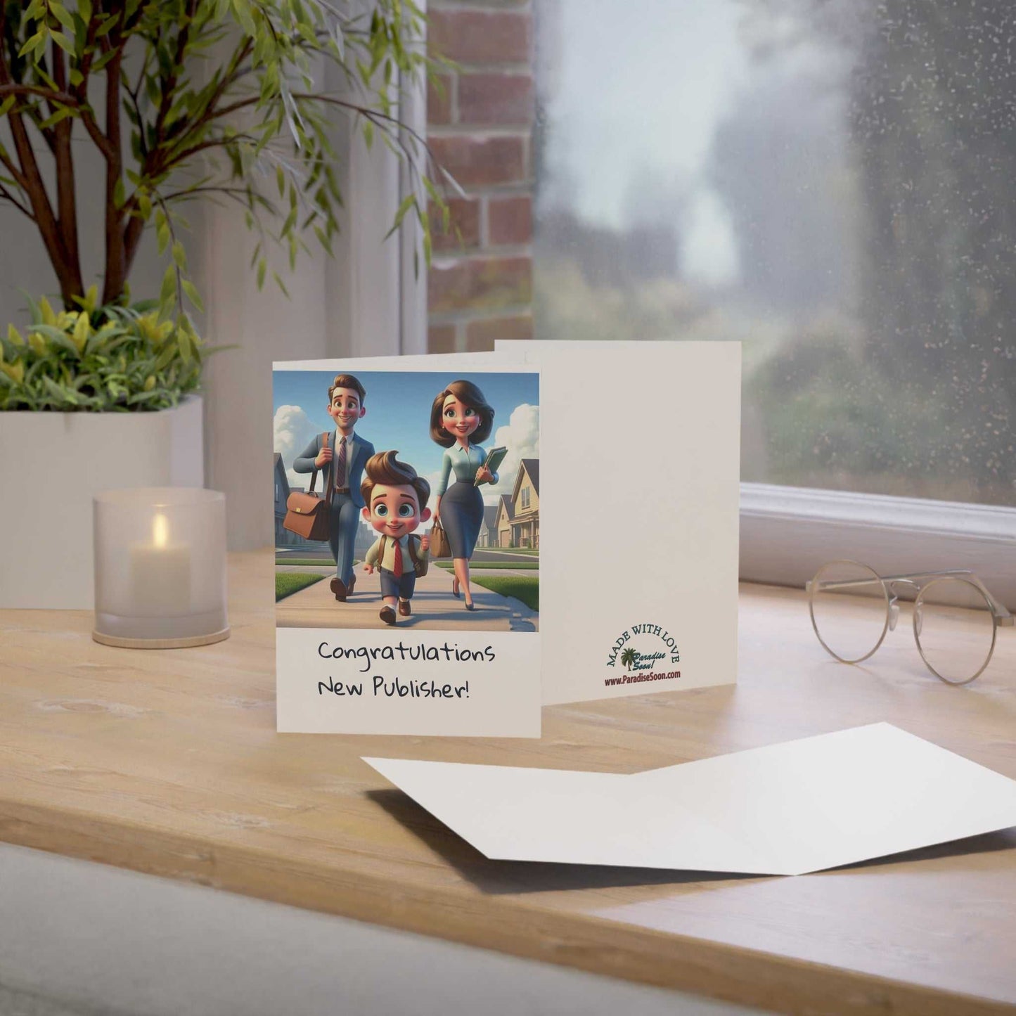 Greeting card for young unbaptized publisher with family illustration and envelope.