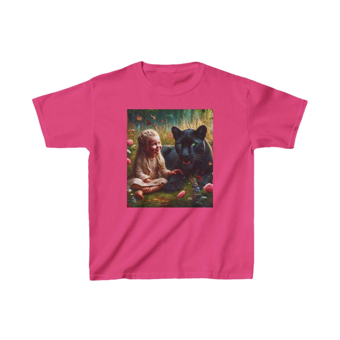 Girls heavy cotton T-shirt in pink with a fantasy print featuring a girl and a black panther, made from 100% cotton.