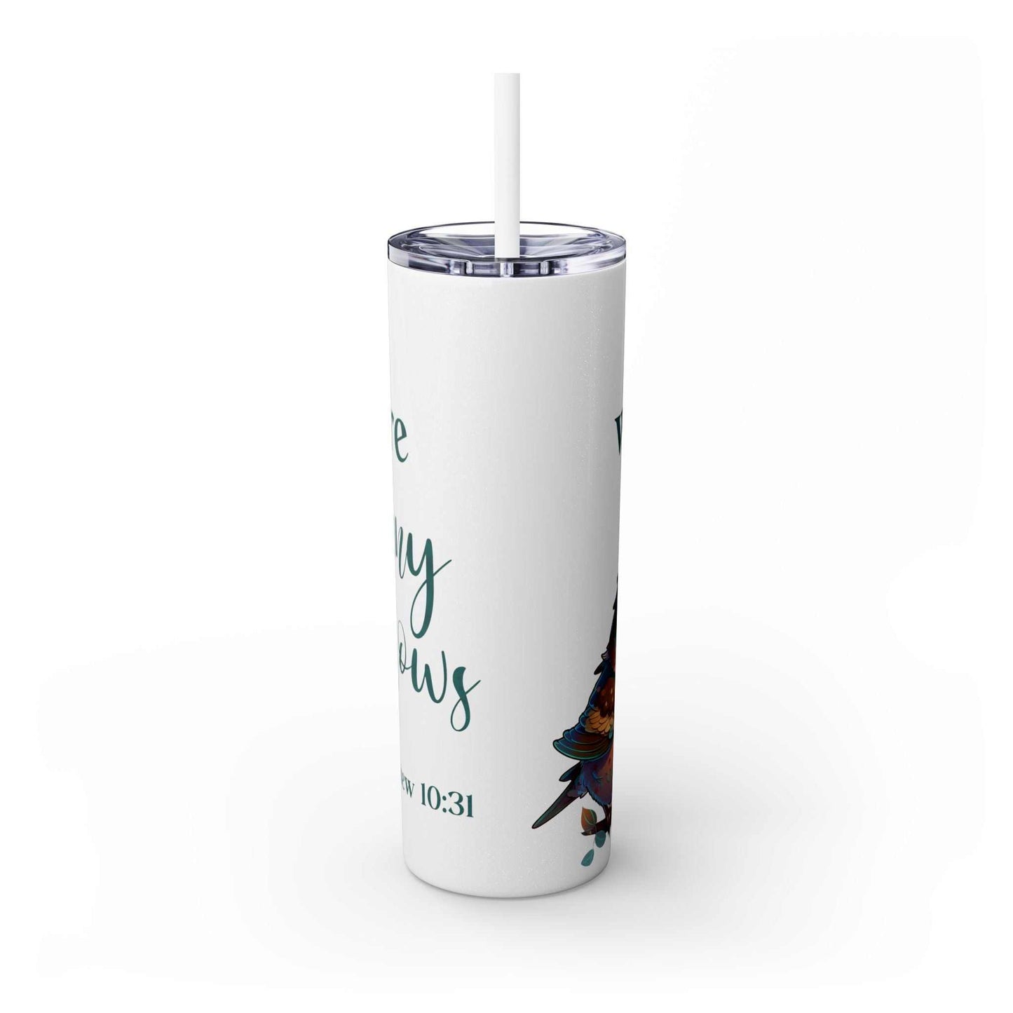 Stainless steel tumbler with inspirational message, plastic lid, and matching straw.