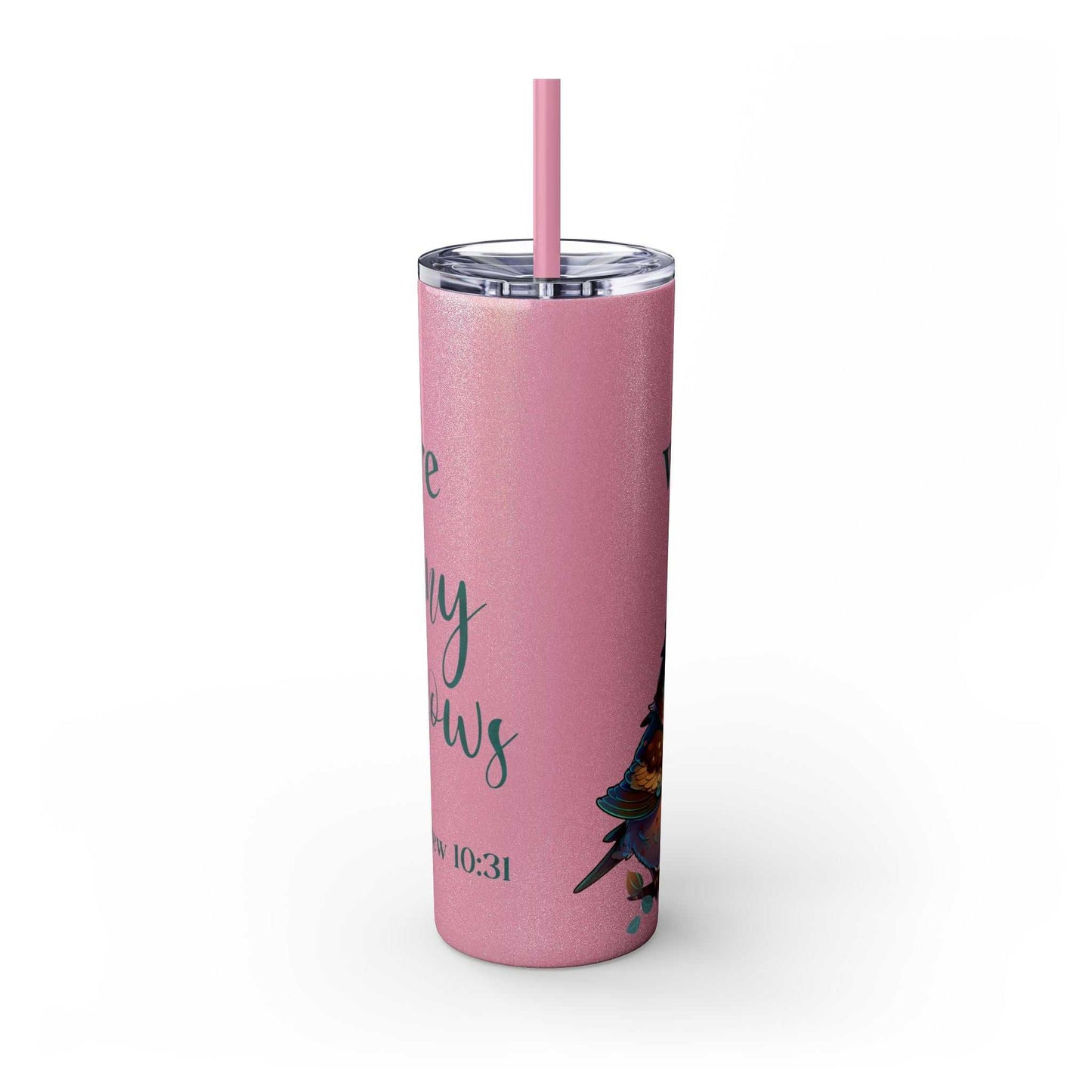 Stainless steel tumbler featuring "Worth More Than Sparrows" design, pink matte finish, 20oz, with lid and straw.