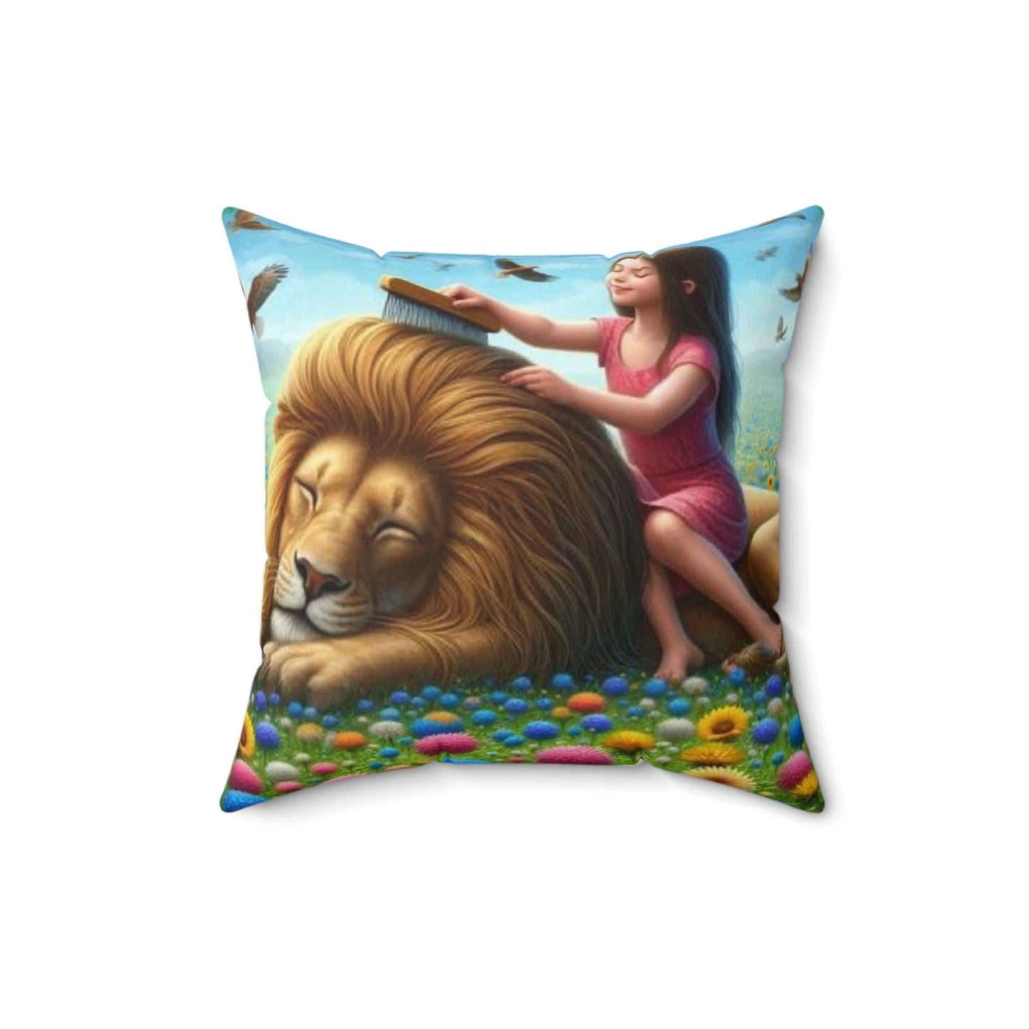 Decorative pillow with girl combing lion and lying with wolf, animal theme, 16x16 inches, polyester.