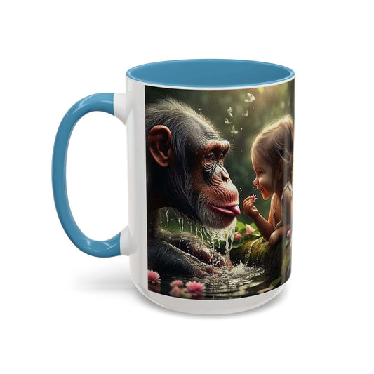 Ceramic coffee cup with a design of a girl, monkey, and giraffe, featuring vibrant colors.