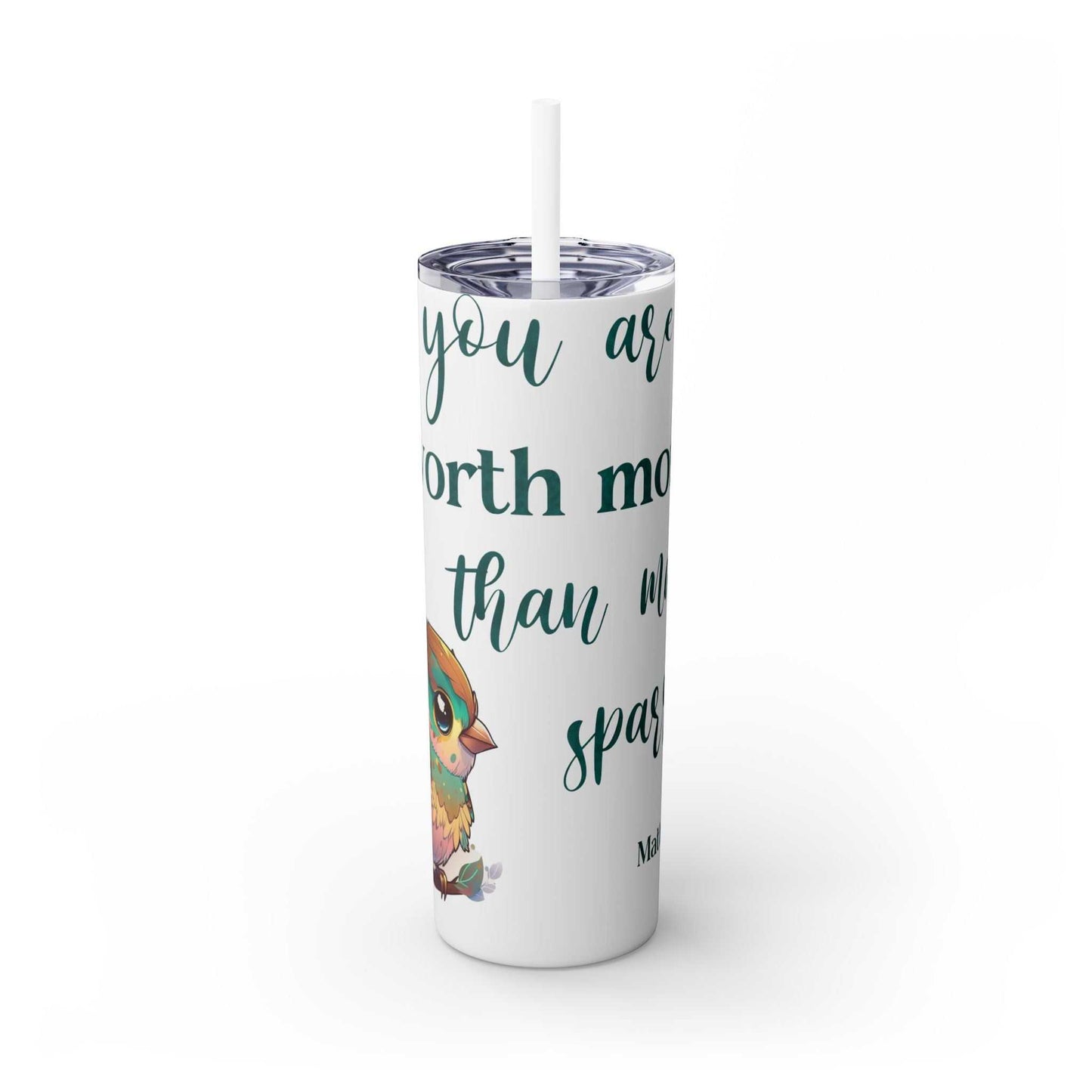 Stainless steel tumbler with "Worth More Than Sparrows" design, featuring a colorful bird illustration, BPA-free, with a matching straw.