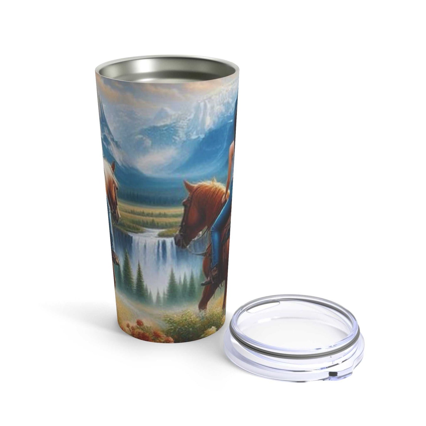 20oz stainless steel tumbler with couple riding horses design, clear push-on lid, for hot or cold beverages.