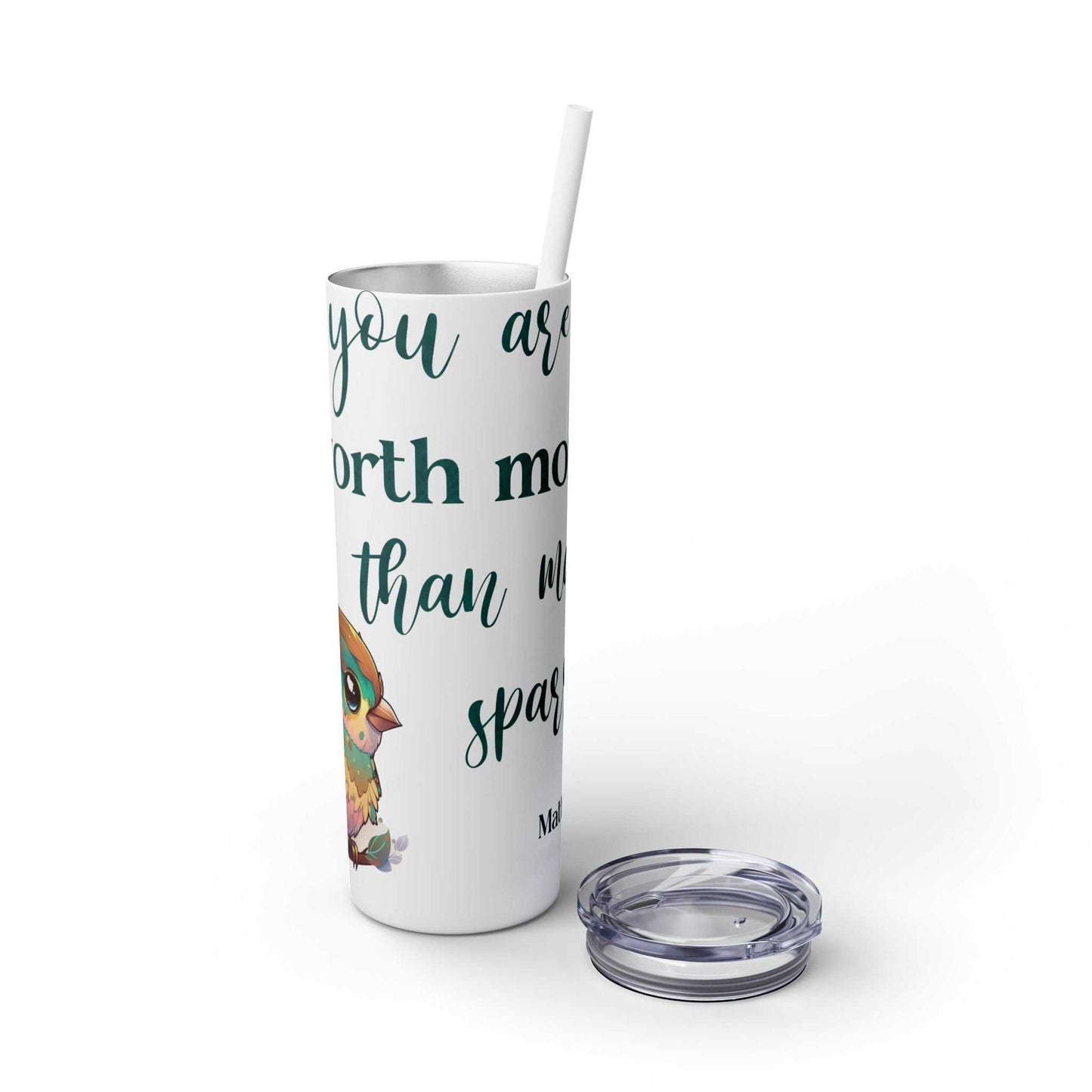 Stainless steel tumbler with inspirational quote design, 20oz, includes lid and straw.