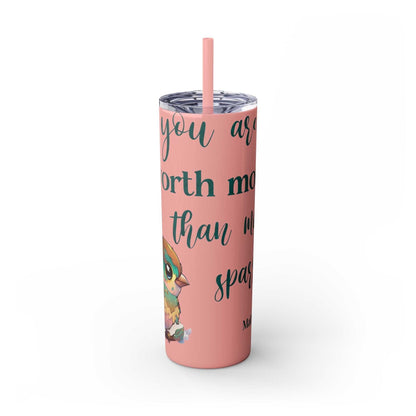 Pink stainless steel tumbler with positive message, owl design, and matching straw.