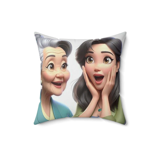 Decorative pillow with youthful and aged faces, 16" x 16", double-sided print.