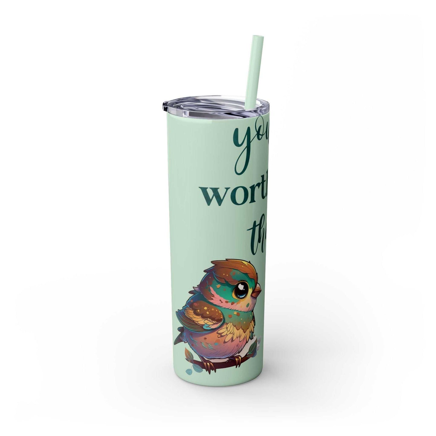 Stainless steel tumbler with bird illustration and motivational text, 20oz, with lid and straw.