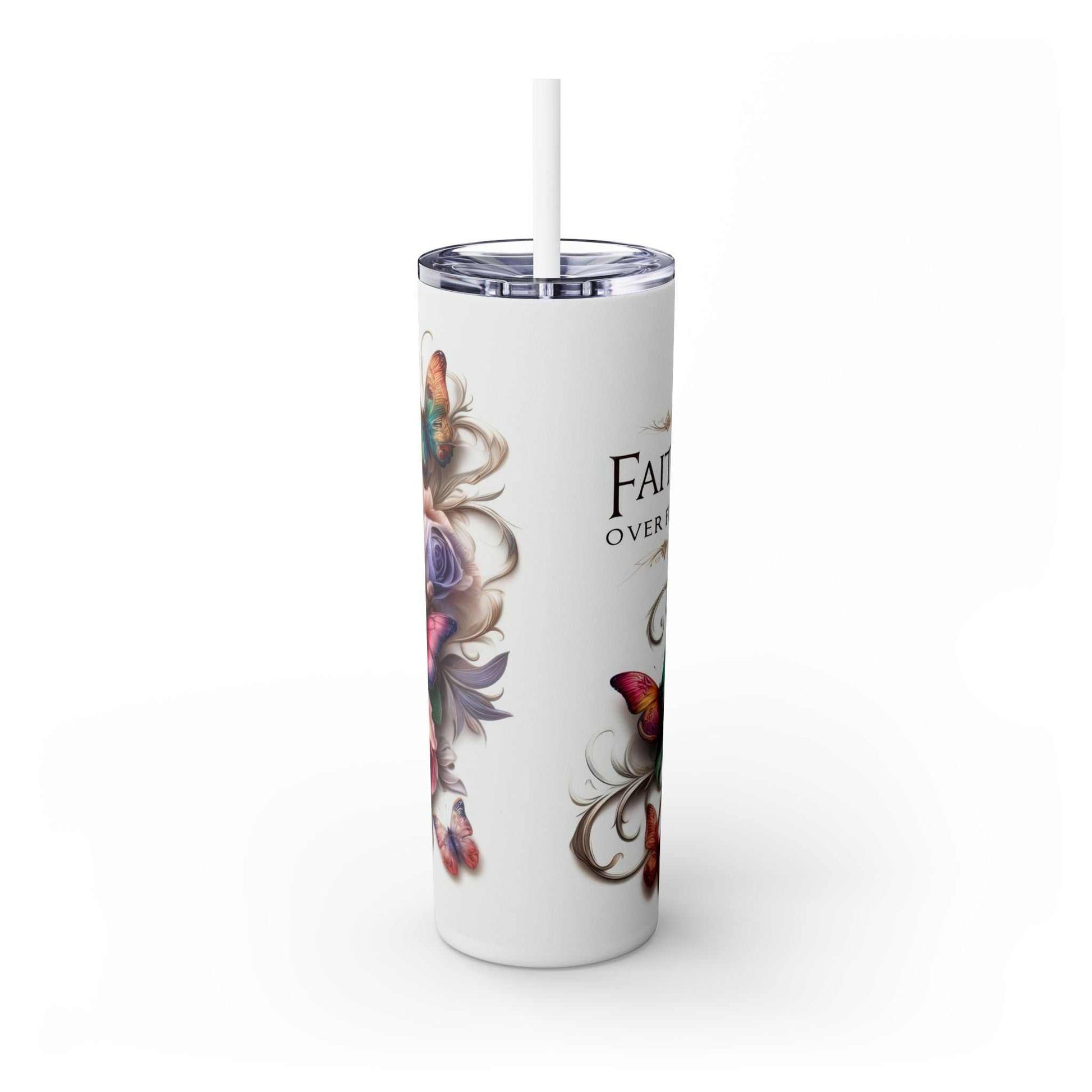 20oz tumbler with butterflies and "Faith Conquers Fear" design, slim stainless steel, BPA-free with lid and straw.