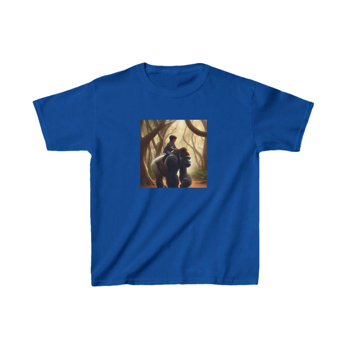 Child's T-shirt with a boy riding a gorilla design, blue color.