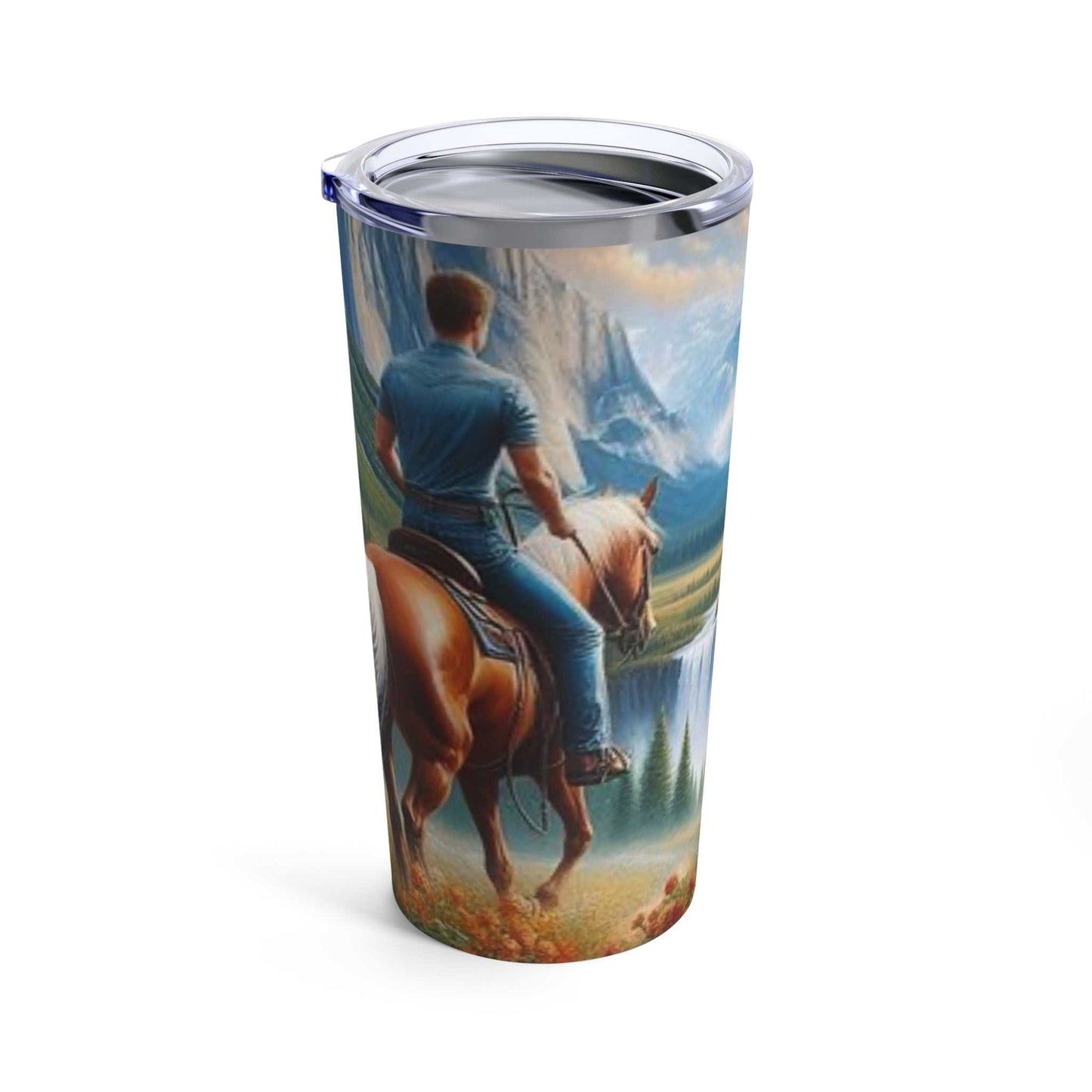 20oz stainless steel tumbler with a couple riding horses design, durable and vacuum insulated.