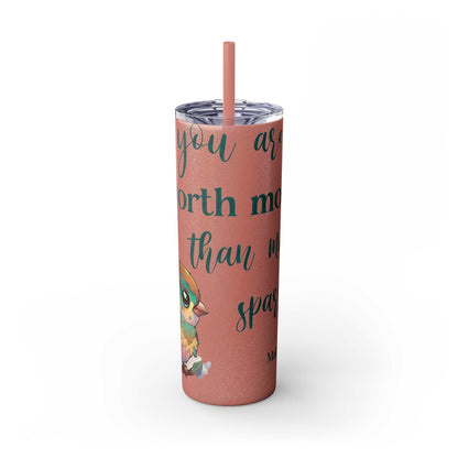 Stainless steel tumbler with "Worth More Than Sparrows" design, 20oz, pink, with lid and straw.