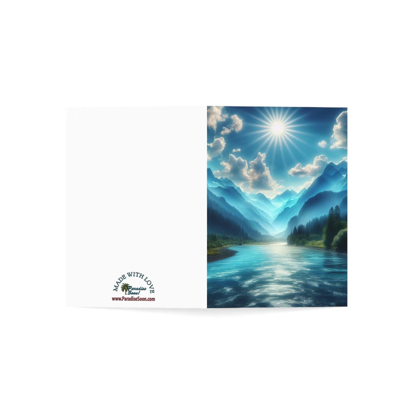 Greeting card featuring a serene landscape titled "Peace Like a River" with a bright sun over mountains and river.