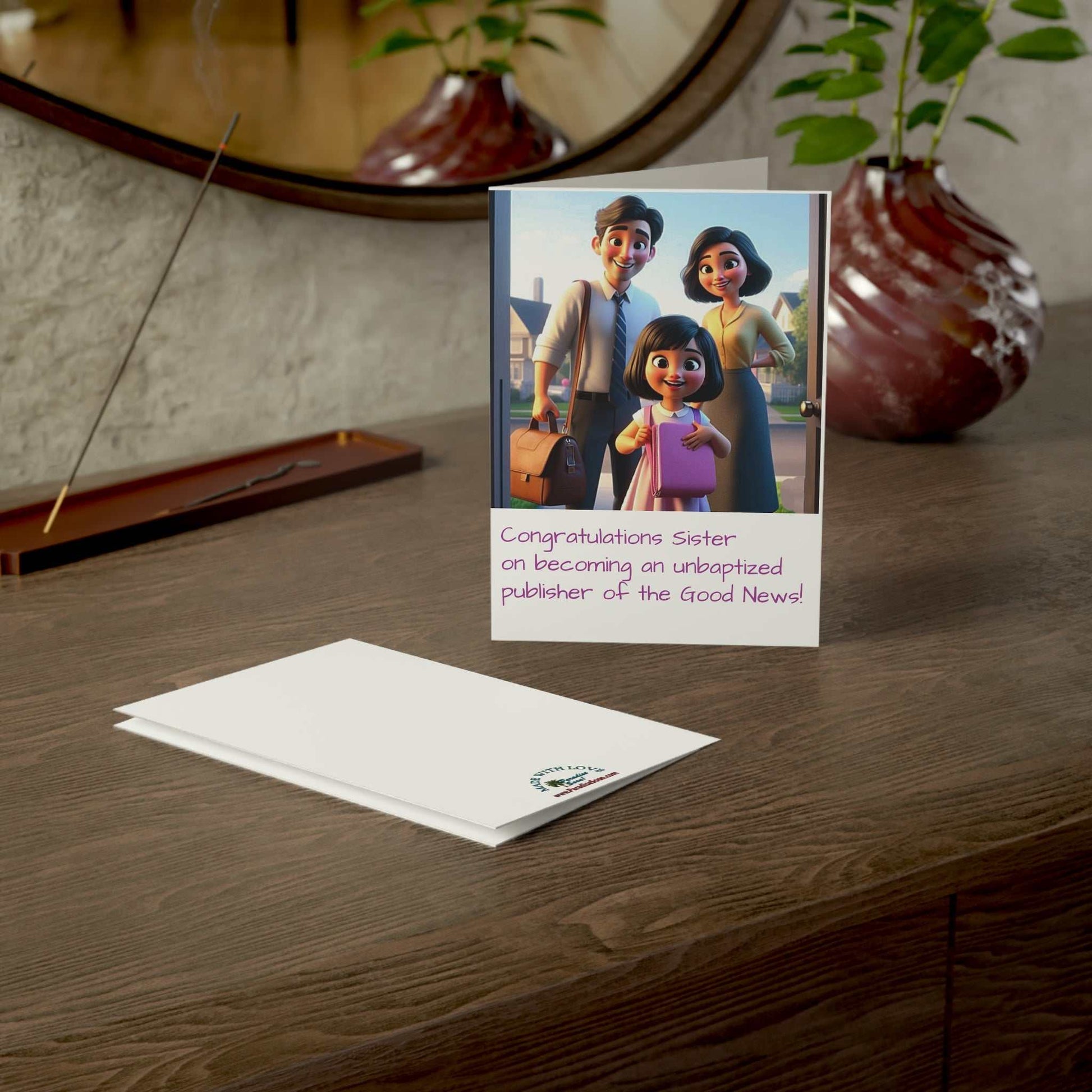 Greeting card featuring young sister becoming unbaptized publisher of Good News with family illustration, includes envelopes.