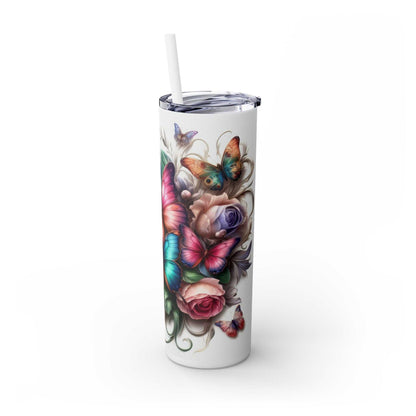 20oz tumbler with butterfly design and "Faith Conquers Fear" quote, keeps drinks hot or cold, BPA-free.