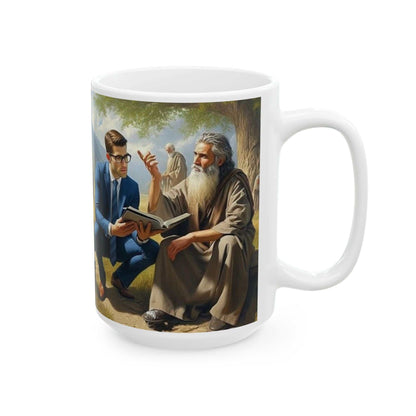 Ceramic coffee cup with vibrant design of family worship and teaching in paradise.