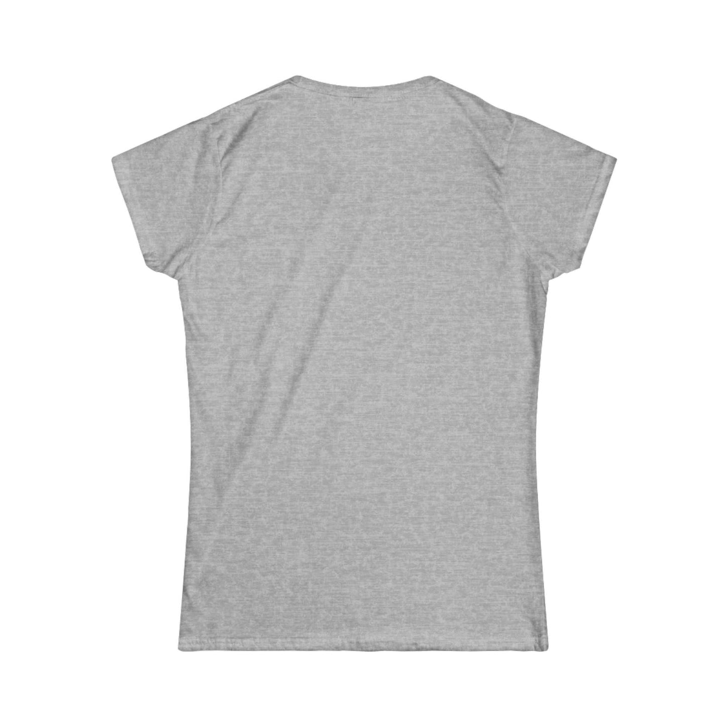 Women's grey t-shirt with ribbed knit collar and double needle hem, versatile and stylish for casual wear.