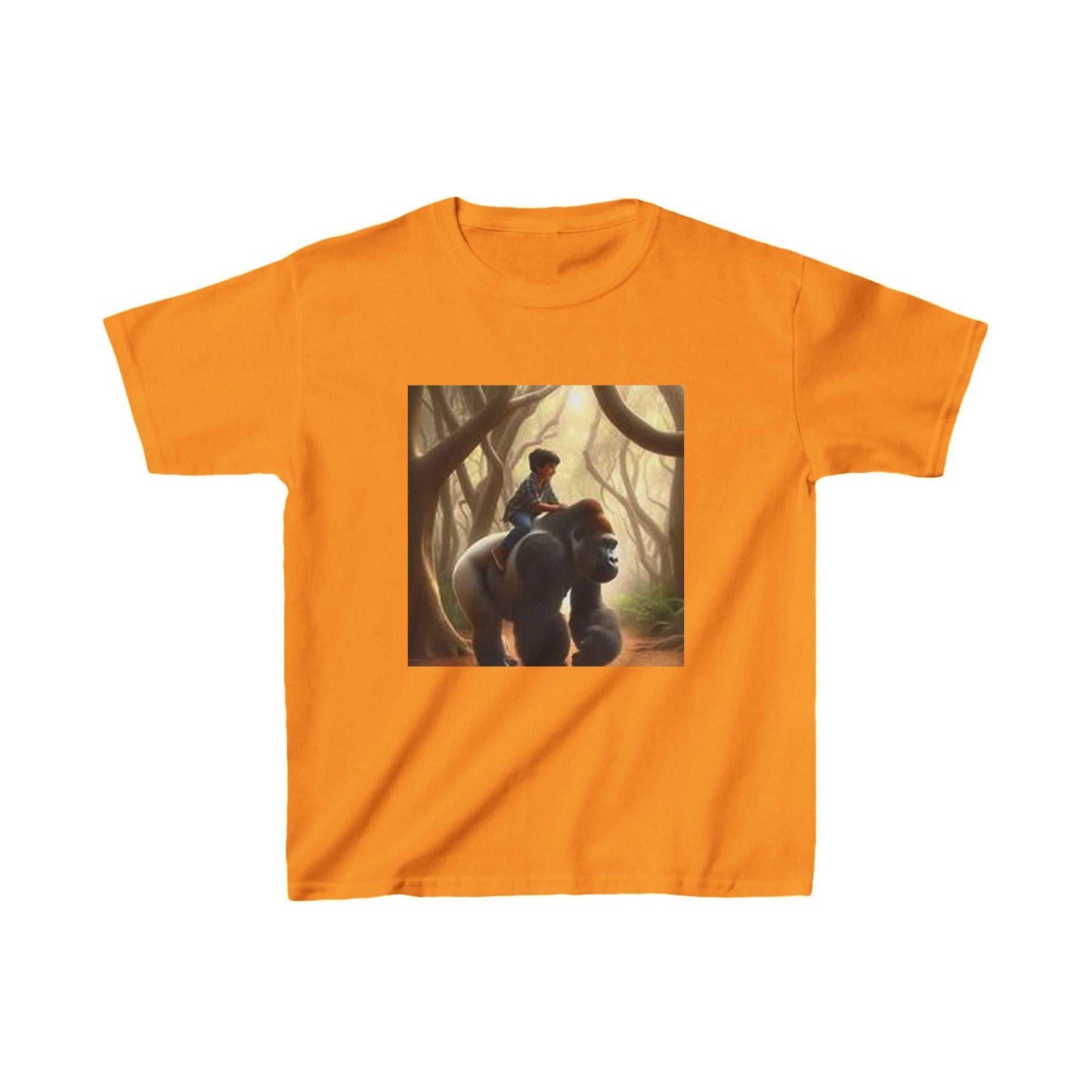 Child's orange t-shirt featuring a boy riding a gorilla in a jungle setting.