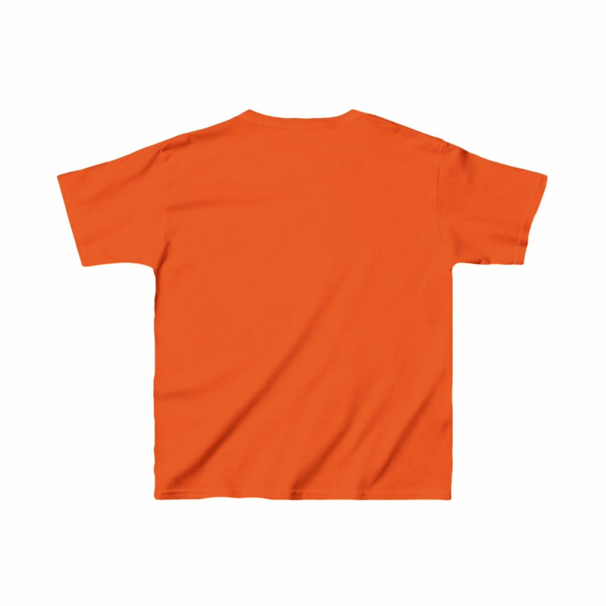 Child's orange t-shirt featuring a girl hugging a gorilla, soft heavy cotton, playful and adventurous design.