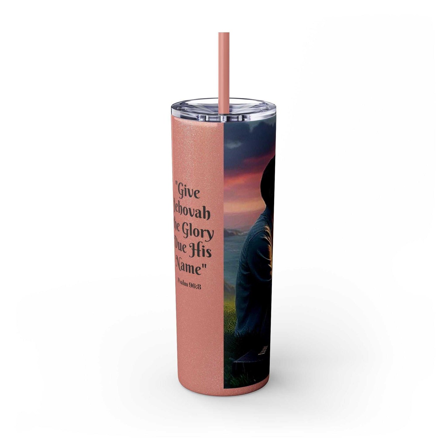 Tumbler with 2025 Year Text for Jehovah's Witnesses, 20oz, featuring pink tapered design, BPA-free, plastic lid and straw, stainless steel, matte finish.