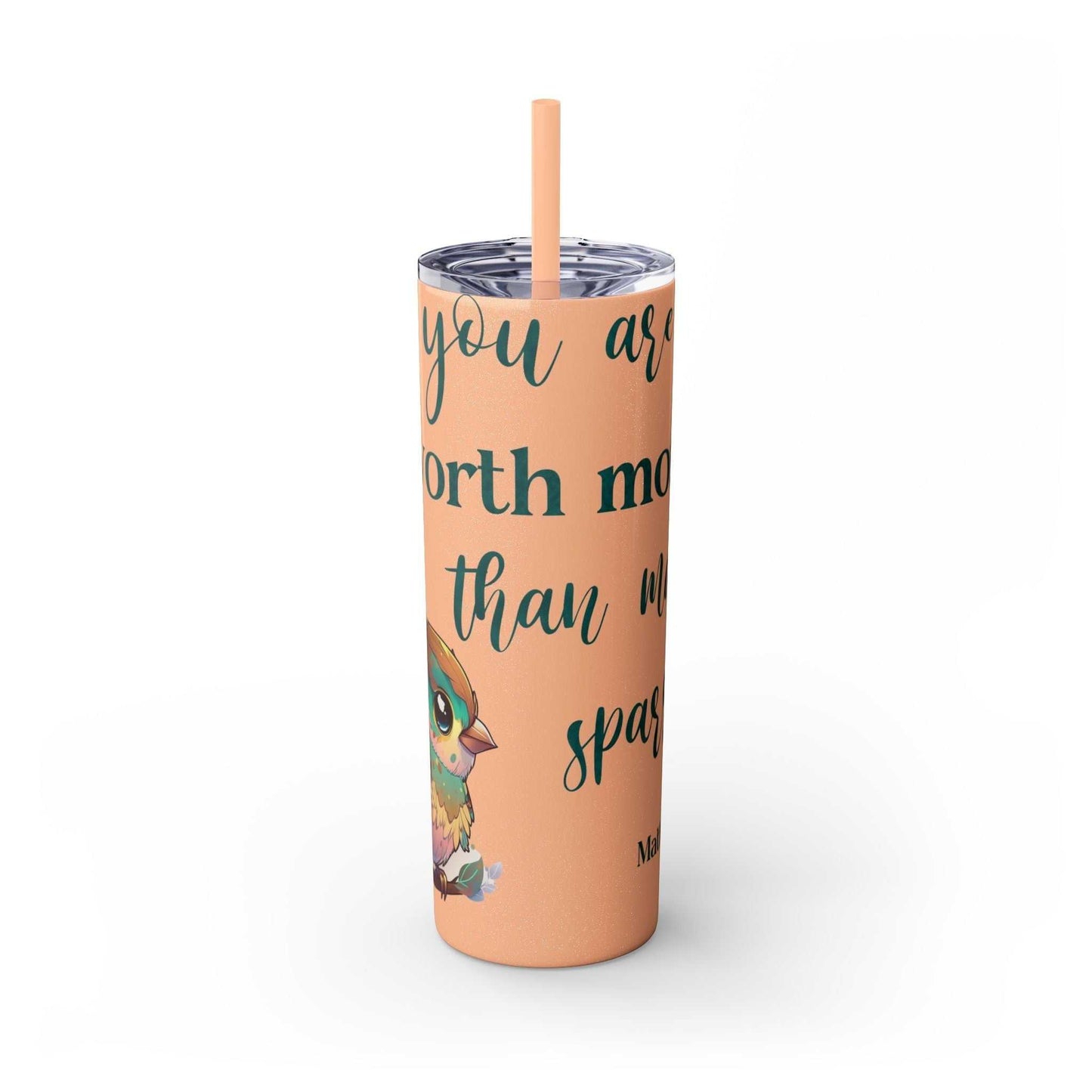 Stainless steel tumbler with "Worth More Than Sparrows" design, 20oz, eco-friendly, keeps drinks hot/cold, BPA-free.