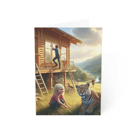 Greeting card featuring vibrant design of people building a house in nature, printed on premium 270gsm paper, 5x7 inches, envelopes included.